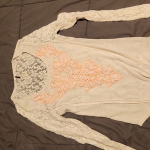 Women's Medium Miss Me Long Sleeve Cream & Pink Lacy & Beaded & Bling Design Top